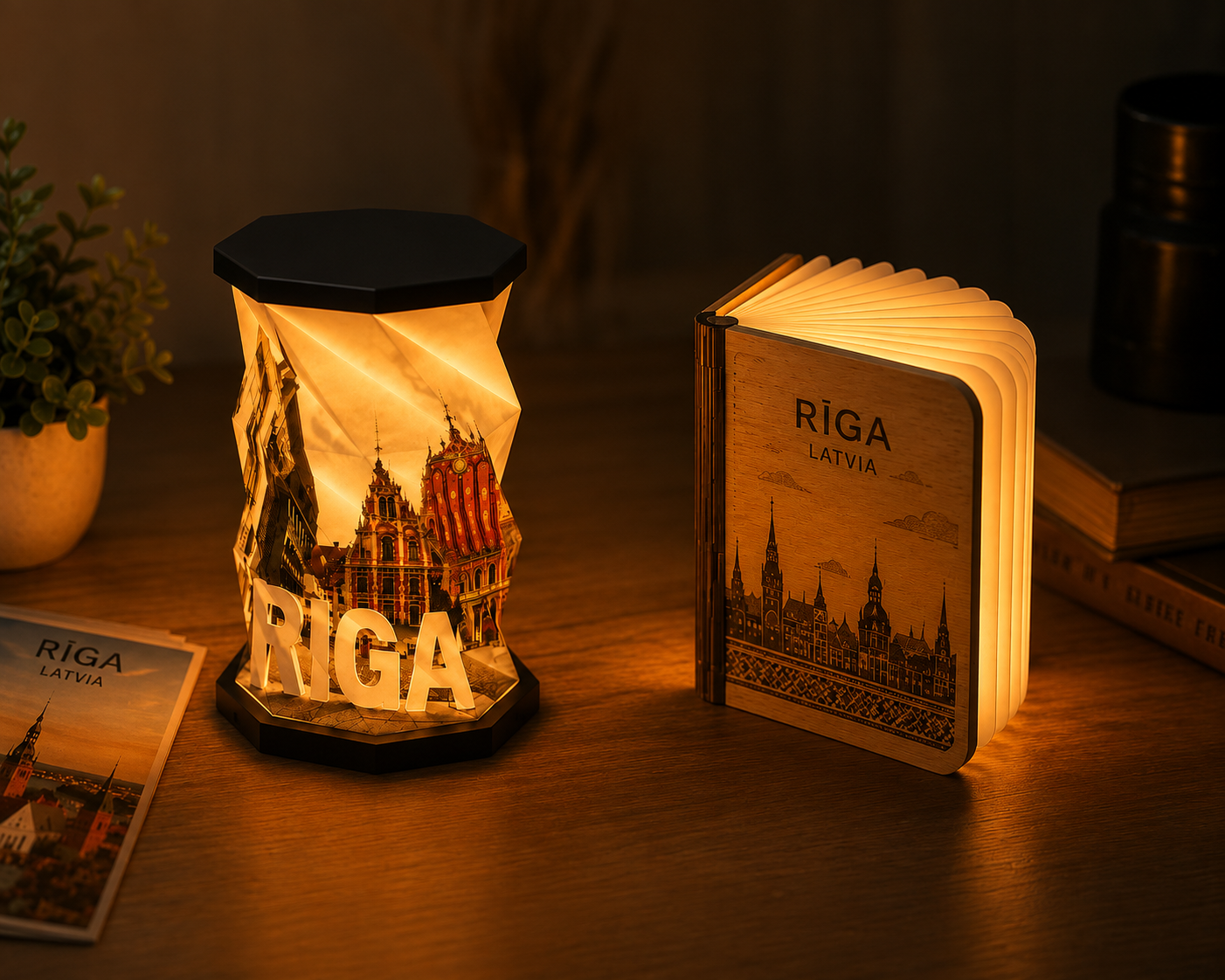 Decorative lamp with Riga's skyline and the word RIGA, Latvia, next to an illuminated wooden travel guidebook with Riga's skyline on cover, on wooden surface.