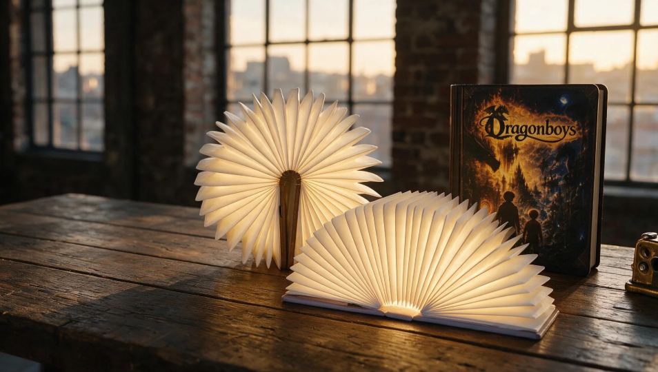 Two illuminated accordion books on a wooden table, with a 'Dragonboys' book standing upright in the background and a small vintage camera to the right, all set in front of large industrial-style windows.