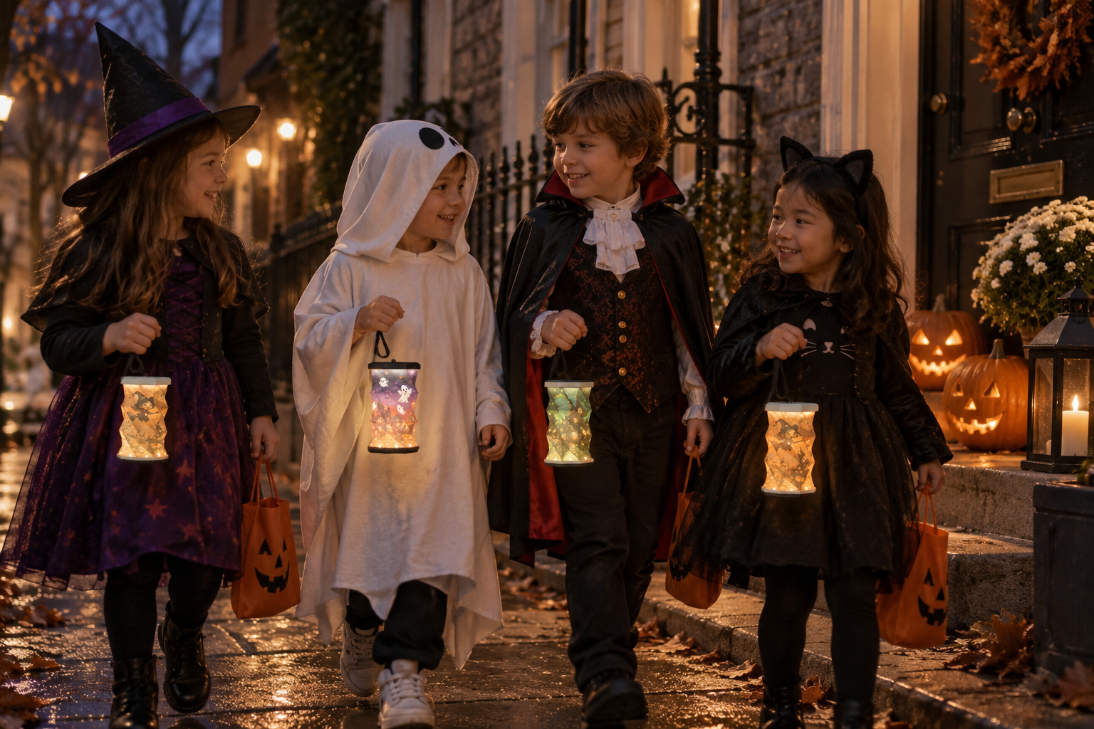 Four children carrying Lantern & Lore Halloween folding lights while trick-or-treating at dusk.