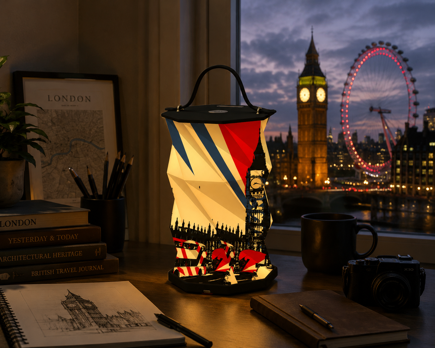 A desk in a room with a window showing London landmarks at dusk, including Big Ben and the London Eye. On the desk, there are books, a sketchbook with an architectural drawing, a camera, a pen, a black mug, and a colorful lamp with London cityscape and Union Jack design.