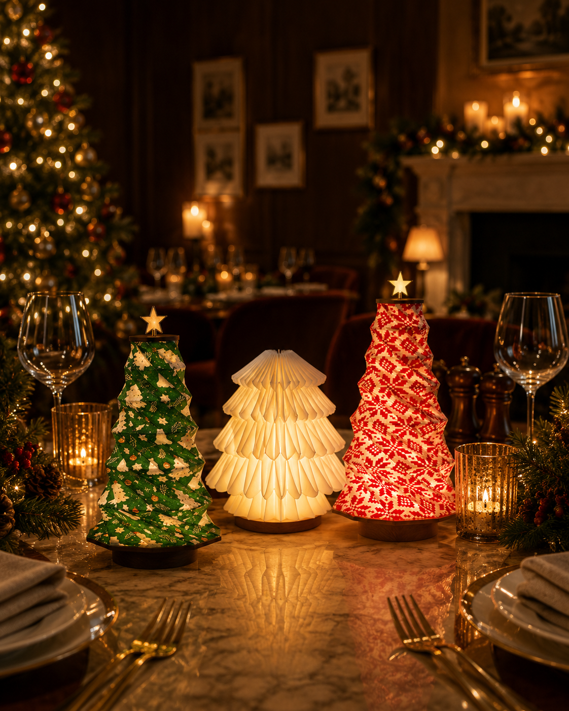 Christmas table centerpiece with decorative fabric Christmas trees and warm lighting, set in a festive decorated room.