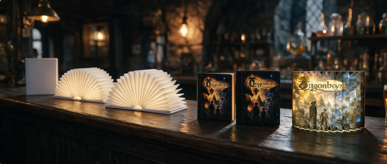 Decorative books and booklets on a wooden bar counter in a dimly lit, rustic setting with exposed brick walls and warm lighting.