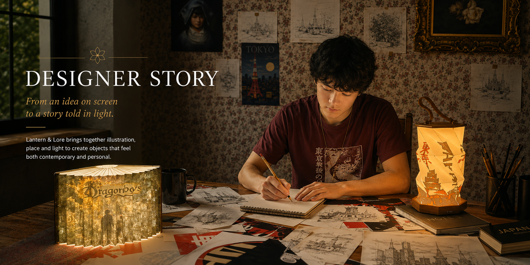 A young man with curly black hair working on sketches at a cluttered wooden table illuminated by a Japanese lantern in a study decorated with travel posters and artwork on floral wallpaper.