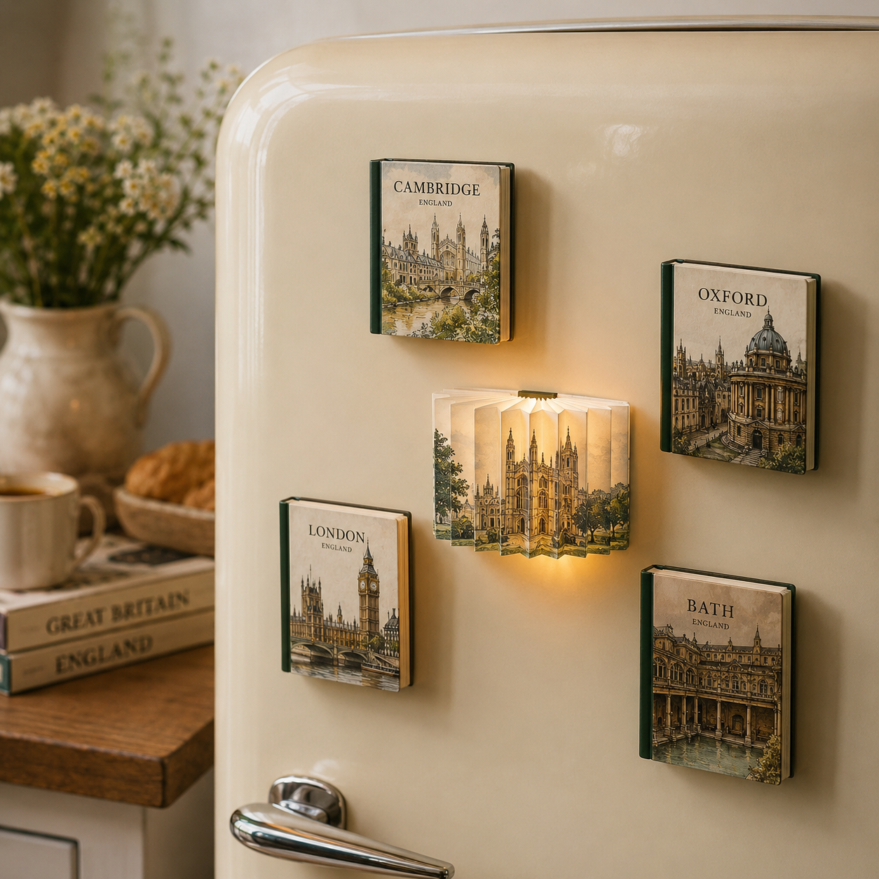 Door with travel-themed magnets featuring images and names of landmarks in England, including Cambridge, Oxford, London, and Bath, with a decorative light illuminating a fold-out picture of a cathedral.