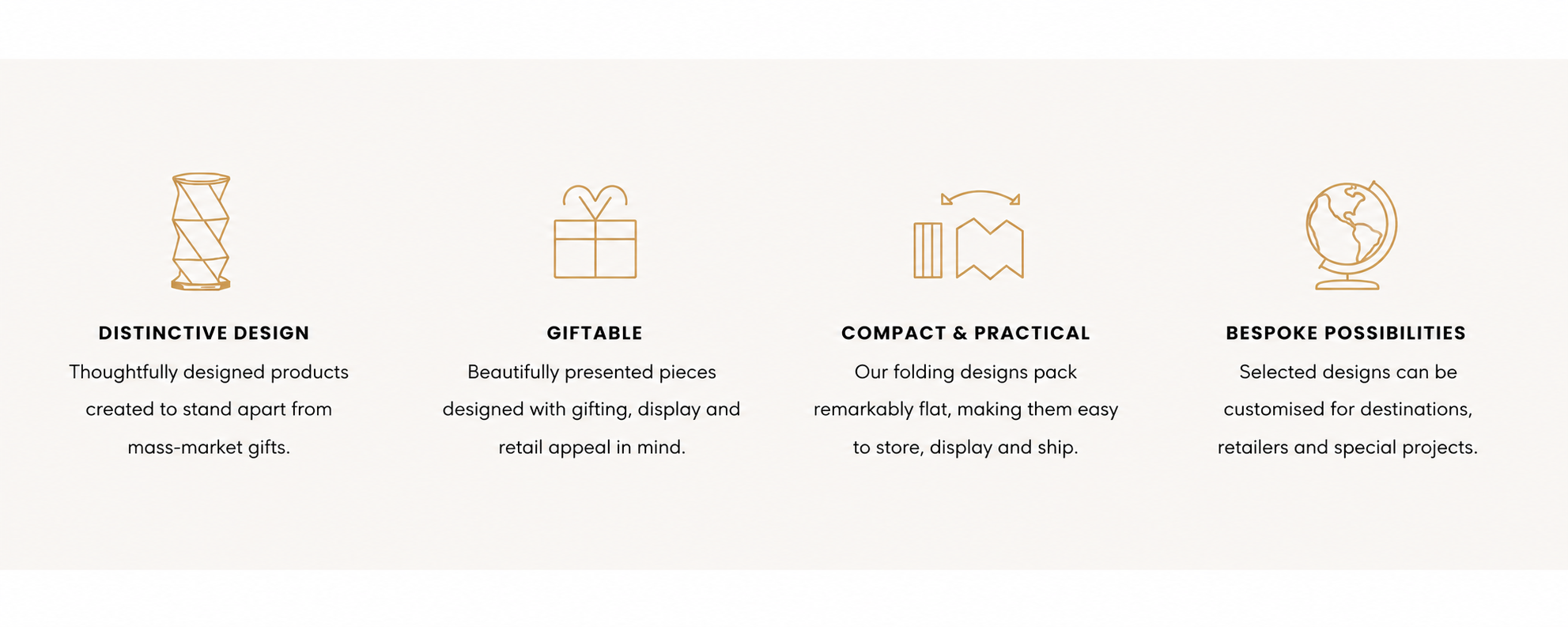 Lantern & Lore gift design principles: distinctive design, giftable presentation, compact practicality and bespoke possibilities.