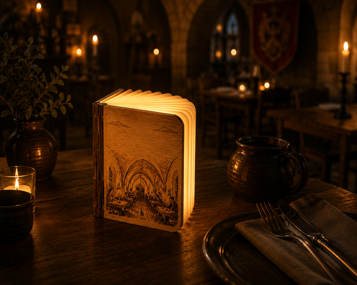 A wooden table in a dimly lit, medieval-style restaurant features a menu with backlit pages, candles, earthenware mugs, a potted plant, and silverware on a napkin. The background shows stone walls, candles, and wooden furniture.