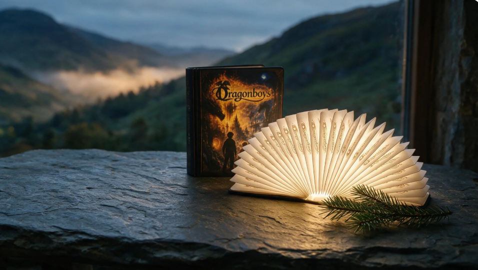 A book titled 'Dragonboys' standing next to a glowing, fan-shaped paper lamp on a stone surface, with a mountain landscape and fog in the background.