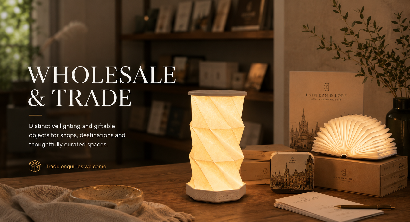 Lantern & Lore folding lights displayed in a warm interior, part of our wholesale and trade gift collection.