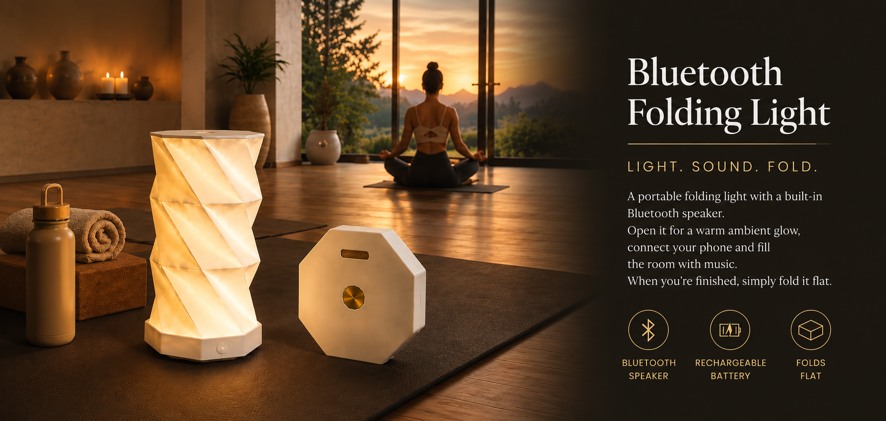 Lantern & Lore portable folding light displayed in a wellness setting, creating a warm ambient glow.