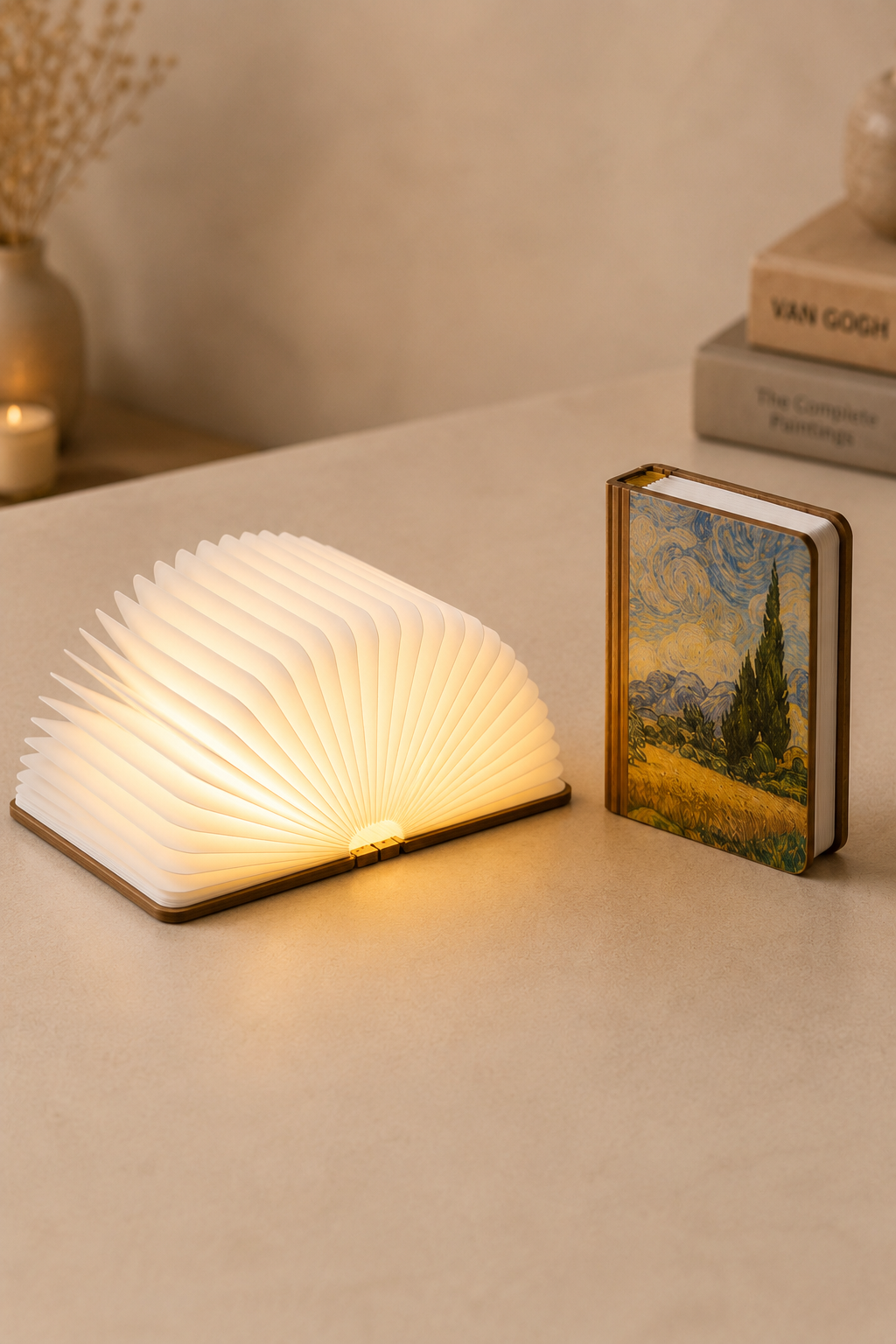 Lantern & Lore book lamp glowing in a warm interior, designed as an illuminated keepsake inspired by places, stories and memories.