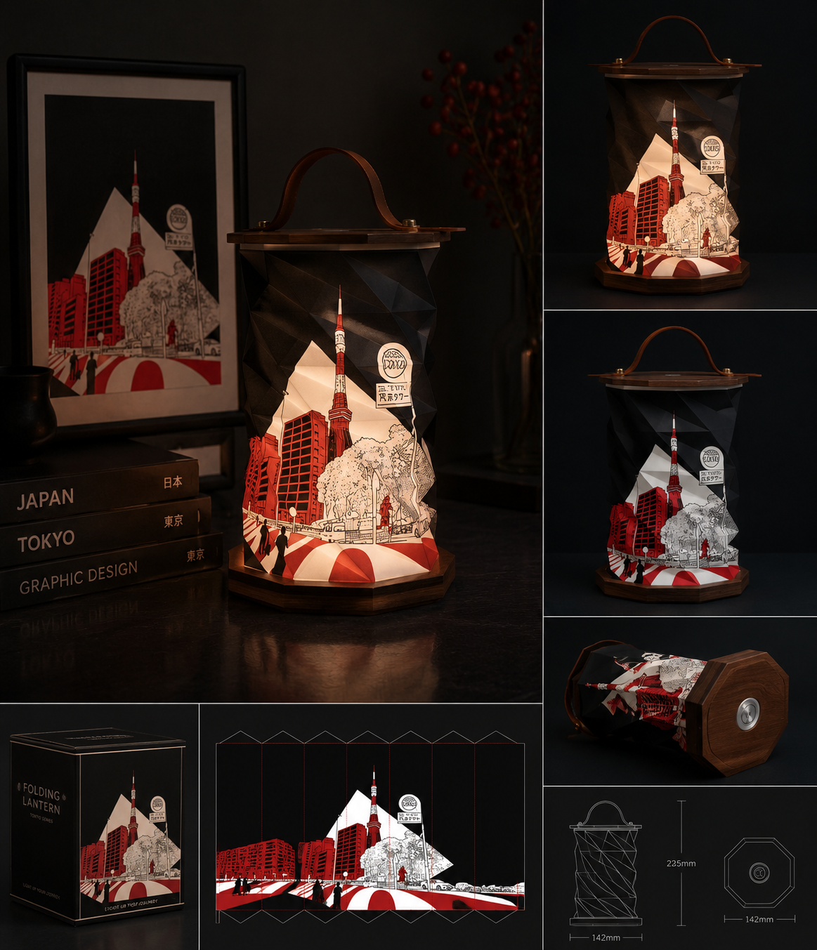 A decorative folding lantern featuring a cityscape scene of Tokyo, Japan, including Tokyo Tower, modern buildings, trees, and people in black, red, and white colors. The lantern has a wooden top handle and base, with additional images showing its packaging and technical drawing.