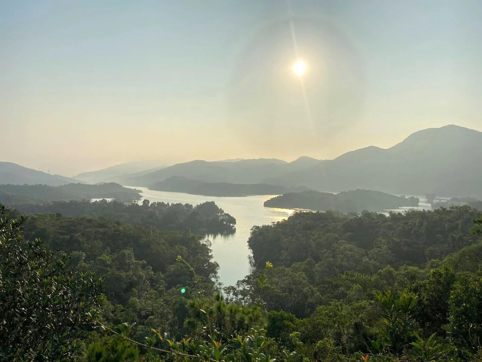 Sun shining over a river winding through a lush green forest with mountains in the background.