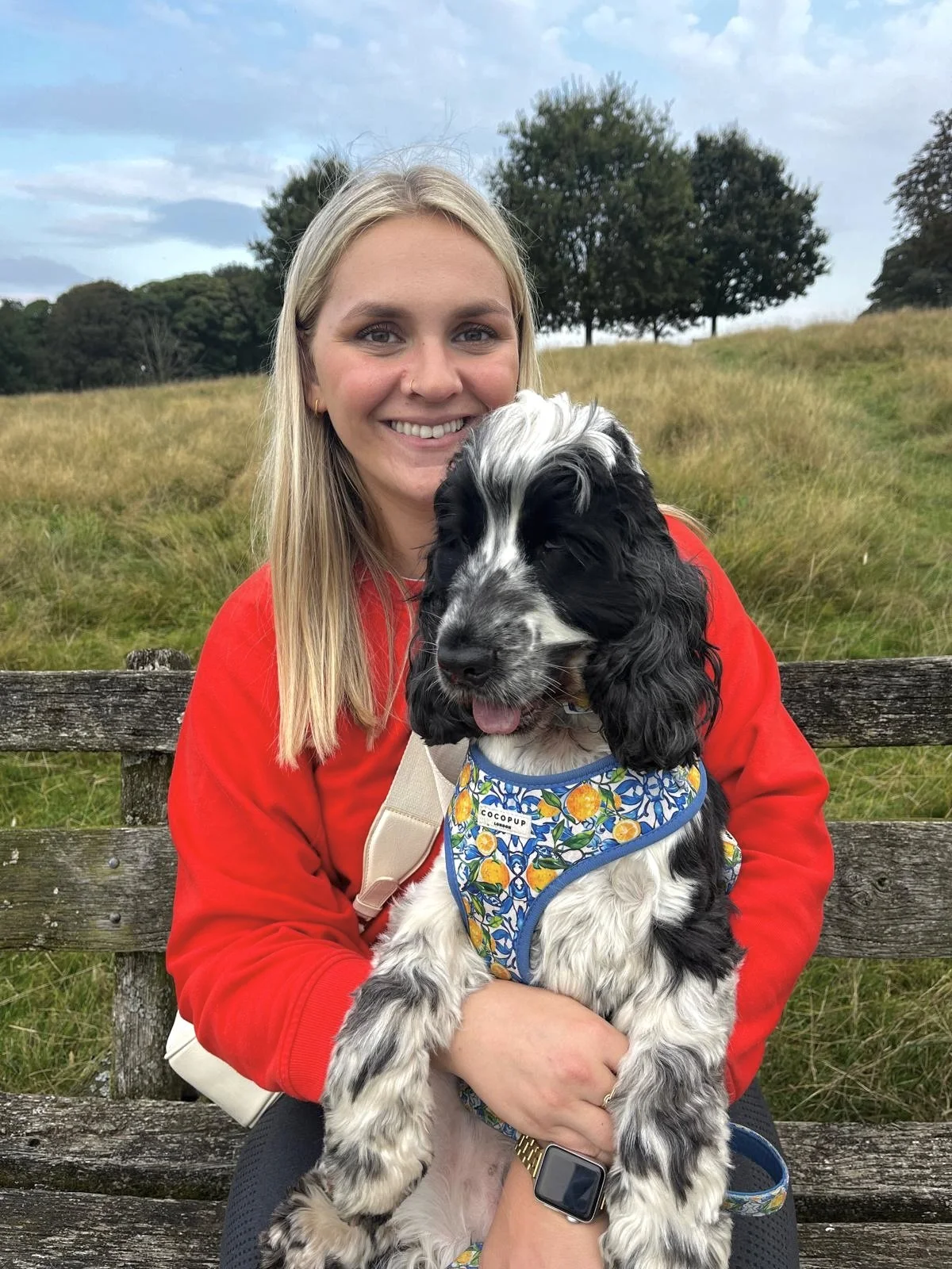 A smiling woman with long blonde hair holding a black and white English Springer Spaniel puppy, sitting on a wooden park bench surrounded by a grassy field with trees and a cloudy sky in the background.