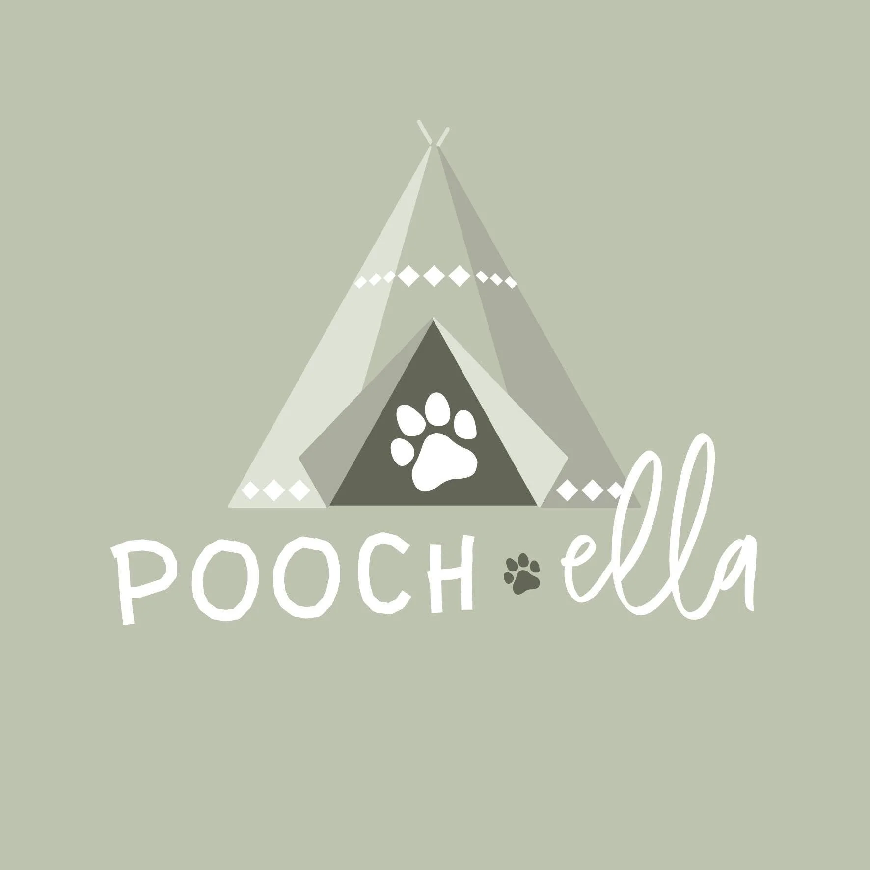 A graphic illustration of a teepee with a paw print on it, surrounded by decorative diamonds, with the phrase 'Pouch Ella' written in cursive below.