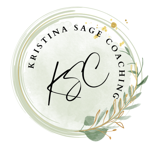 Logo with the name 'Kristina Sage Coaching' in a circular arrangement, featuring the initials 'KSC' in the center, surrounded by decorative green leaves and gold accents.
