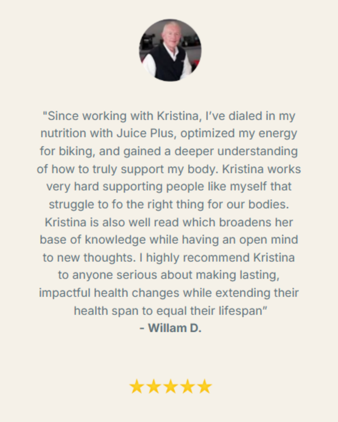 Testimonial about Kristina with a profile picture of an elderly woman and a five-star rating below