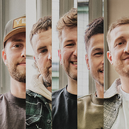 A collage of five young men smiling and looking at the camera, positioned in front of a wooden structure with vertical posts.