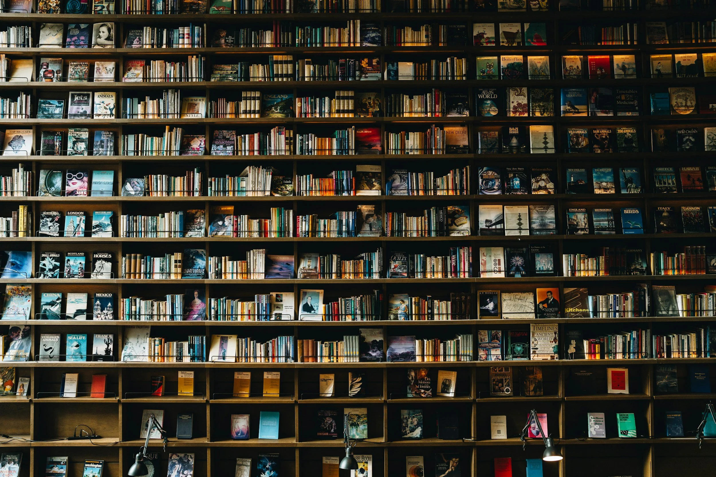 A large bookshelf filled with numerous books, organized on multiple shelves, in a bookstore or library.