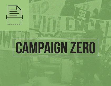 the campaign zero logo on green background with faded image of protesters and icon of a document in the upper left corner. 