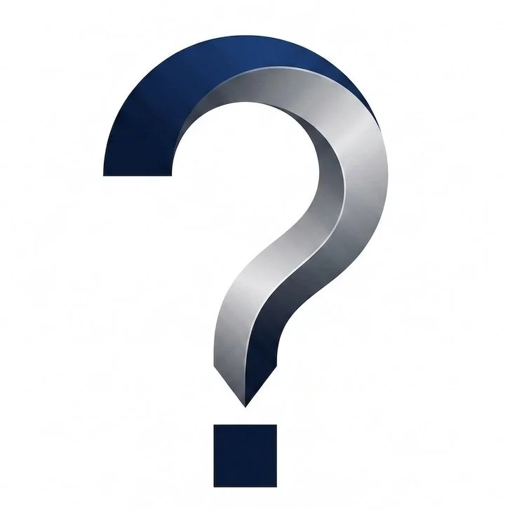 A silver and navy blue 3D question mark on a white background.