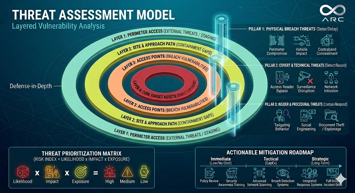 A graphic diagram of a layered threat assessment model showing four layers: perimeter access, site & approach path, access points, and core target assets. Each layer focuses on different types of threats and vulnerabilities, from external threats to breaches from insiders. The right side lists threat categories: physical breach, covert and technical threats, insider and procedural threats, with icons representing each. The bottom includes a threat prioritization matrix with risk factors and an actionable mitigation roadmap covering immediate, tactical, and strategic responses.