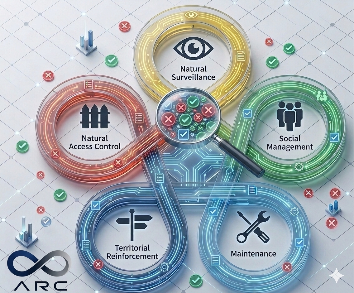 Diagram illustrating interconnected components of a security system, including Natural Surveillance, Natural Access Control, Social Management, Territorial Reinforcement, and Maintenance, with magnifying glass and icons representing data and management.
