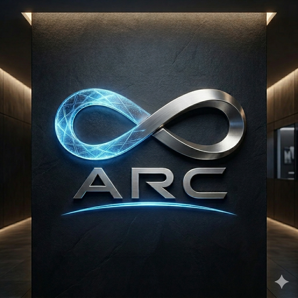A modern office wall with a metallic infinity symbol and the text 'ARC' below it, illuminated with blue and white lighting.