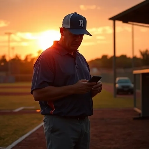 A man standing outdoors at sunset, looking at his phone, wearing a baseball cap and polo shirt.