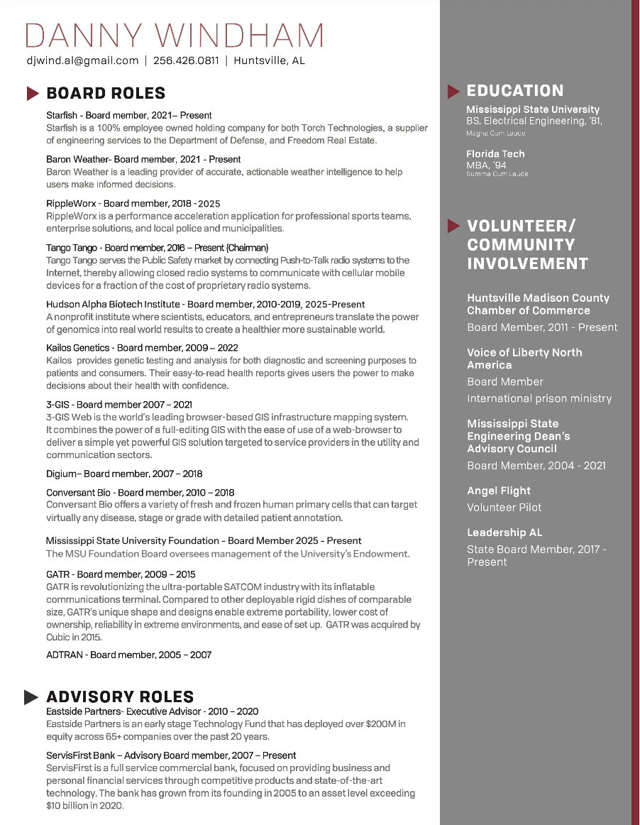 Resume for DANNY WINDHAM showing contact info, board roles, education, volunteer/community involvement, and advisory roles.