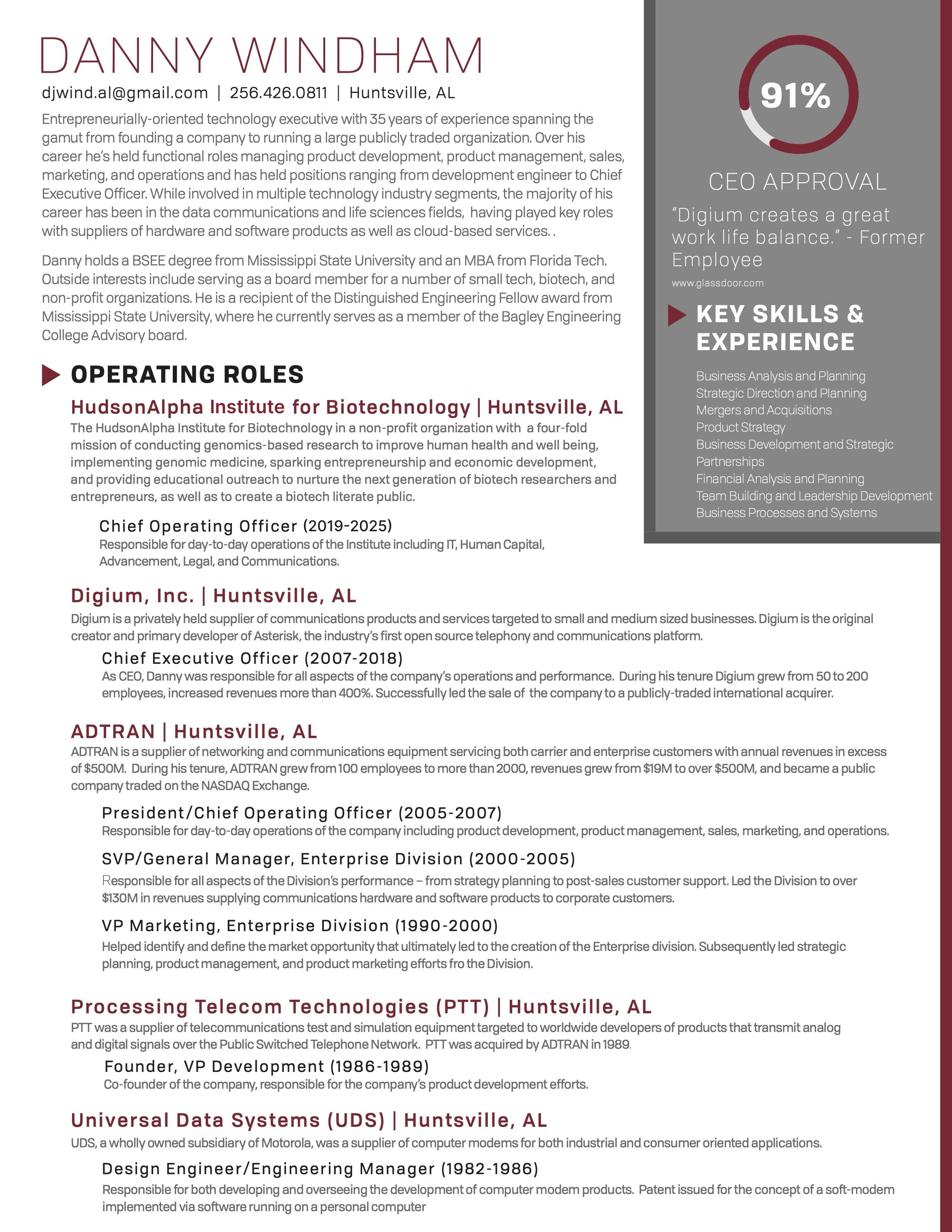 A portion of a professional resume or CV for Danny Windham, highlighting skills, experience, and education, with a gray sidebar showing a CEO approval gauge at 91%.