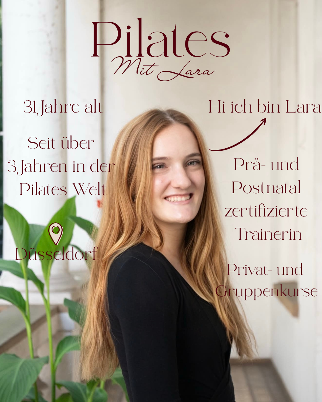 Poster featuring a woman with long red hair, smiling, with text about Pilates classes in German, indicating she is Lara, 31 years old, certified trainer in Düsseldorf, offering private and group courses.