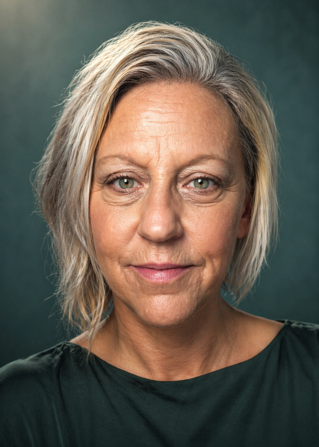 Close-up of a mature woman with short, wavy, blonde hair and light-colored eyes, smiling softly against a blurred green background.