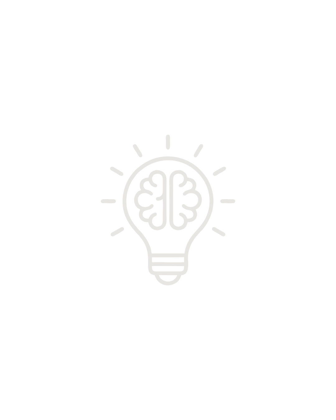 Outline of a lightbulb with a brain inside, radiating lines around it, symbolizing an idea or creativity.