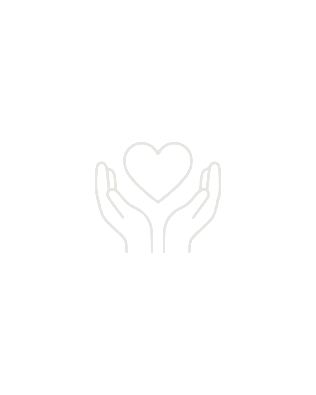 Line drawing of two hands holding a heart on a black background.