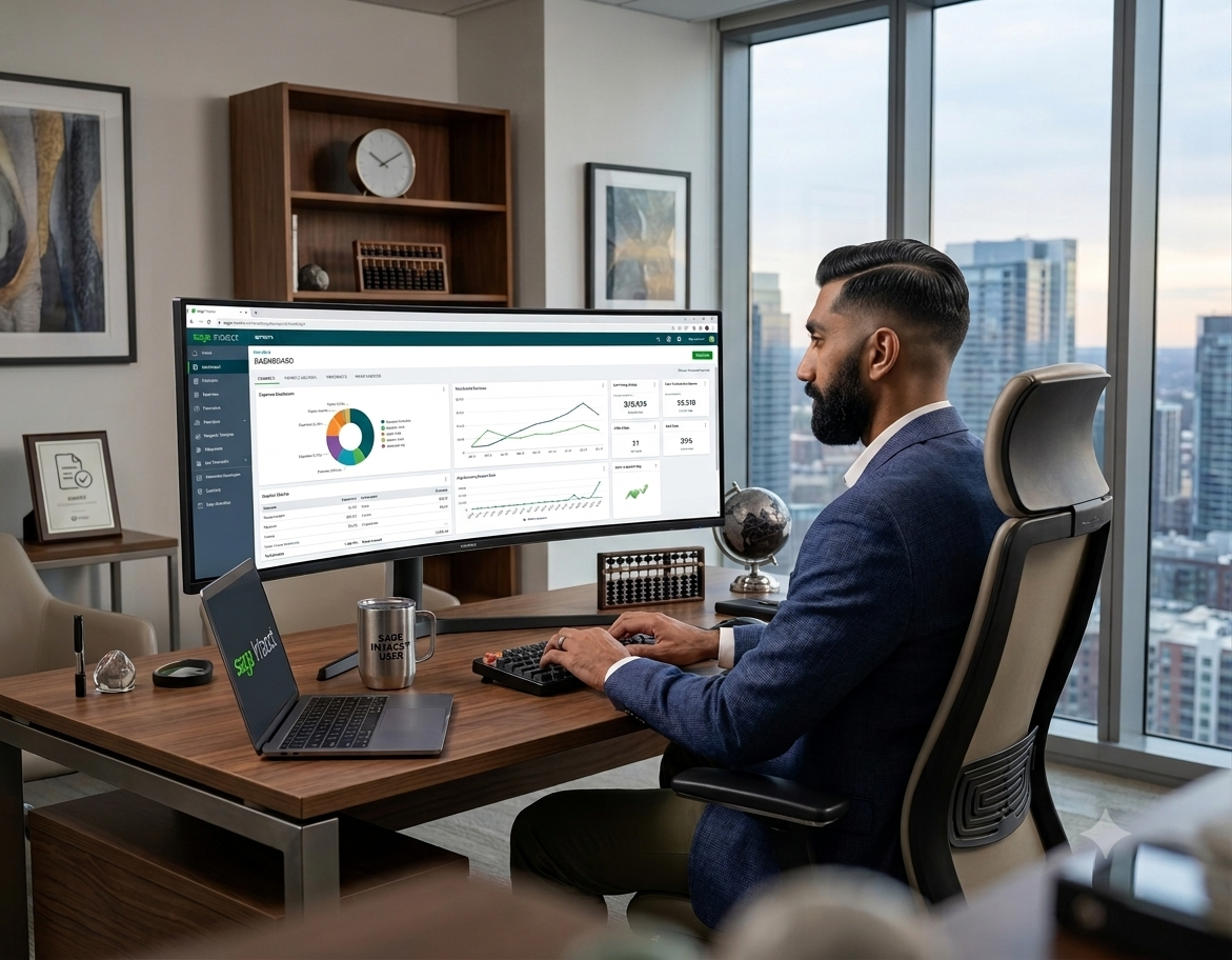 A man in a blue suit working at a desk in an office with large windows and a city view, looking at a computer monitor displaying data and charts.