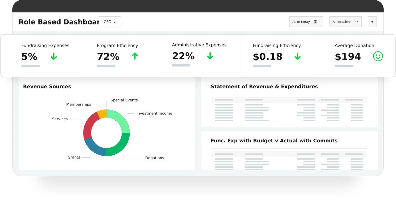 A role-based dashboard for CFO showing financial metrics, revenue sources through a pie chart, and revenue and expenditure details.