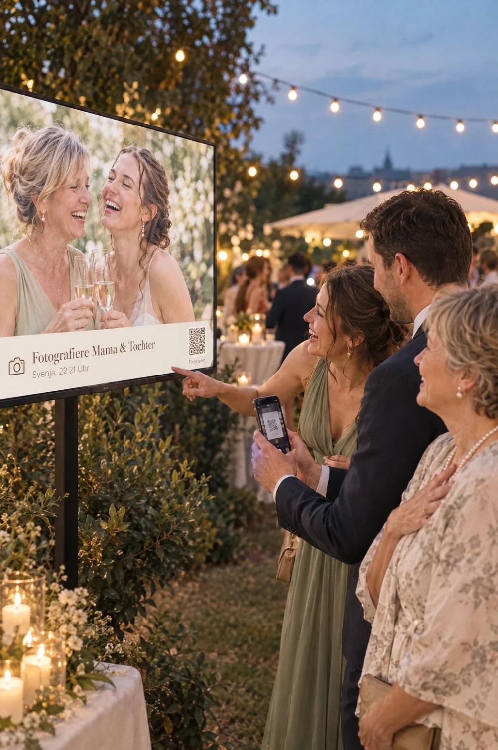 Hochzeitsgäste vor der Live-Leinwand von Pengoo Memories mit ihren Fotos