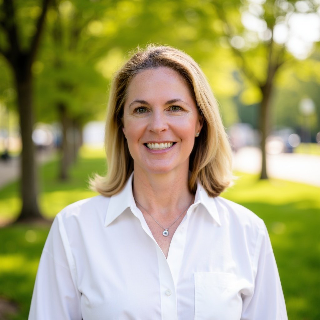 Portrait of a smiling woman with shoulder-length blonde hair, wearing a white collared shirt and a necklace, standing outdoors with green trees and a park in the background.