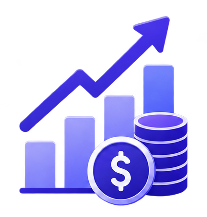Graphic of increasing bar chart with an upward arrow, stacked coins, and a dollar sign, representing financial growth or profit.