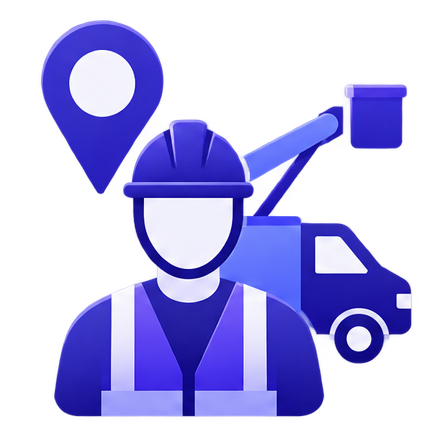 A construction worker wearing a hard hat and safety vest, with a delivery truck and a location pin in the background.