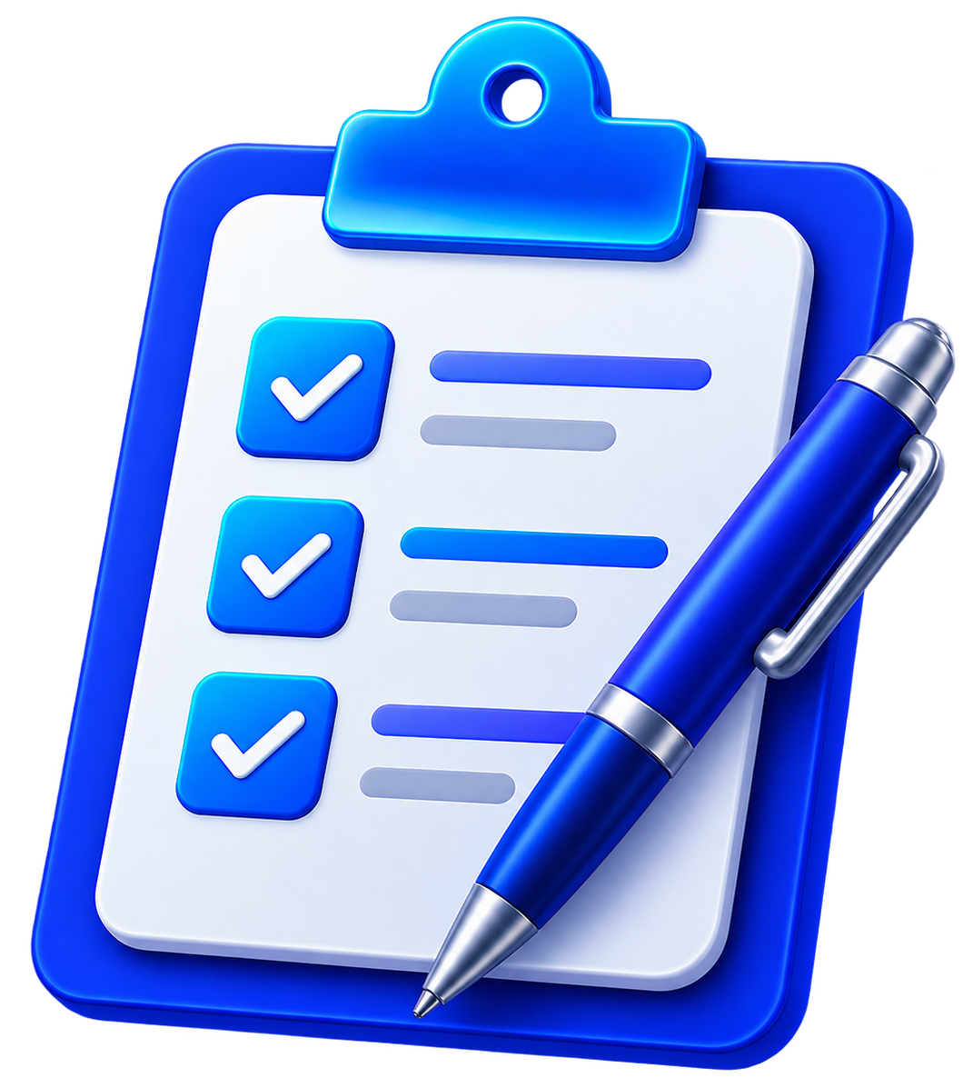 A 3D illustration of a clipboard with a checklist and a blue pen.
