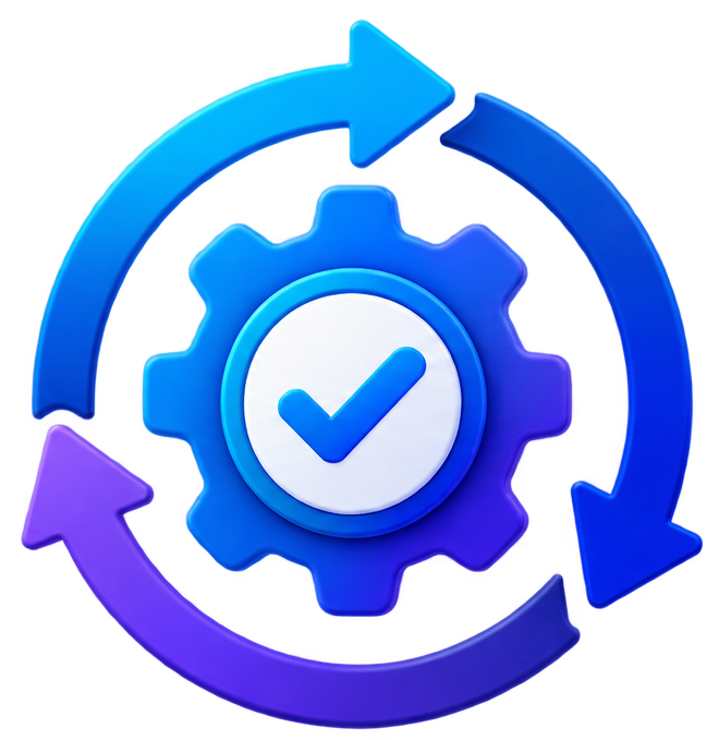 Blue gear with a checkmark in the center, surrounded by circular arrows, representing settings, updates, or process completion