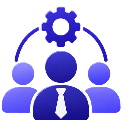 Icon of three people with a gear above them, indicating teamwork or management.