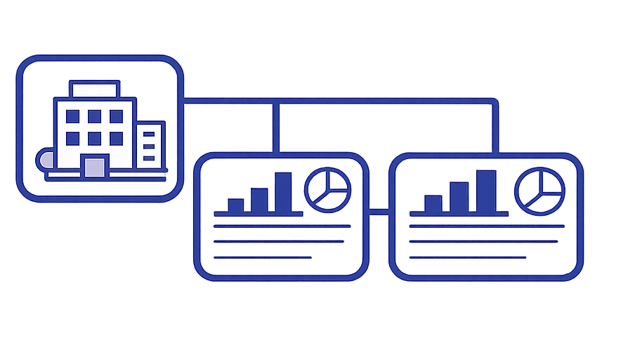Illustration of a building with data charts and graphs.
