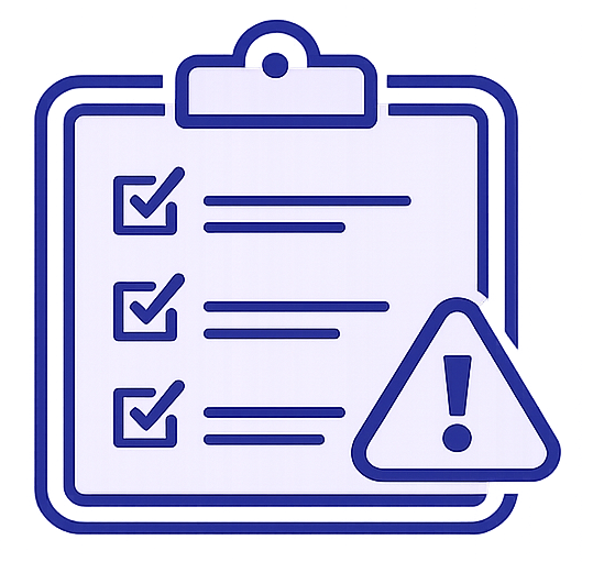 A clipboard with a checklist and three checkmarks, accompanied by an alert triangle with an exclamation mark.