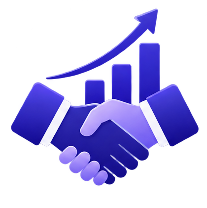 Illustration of two hands shaking with a rising arrow and bar chart in the background, symbolizing business growth and partnership.