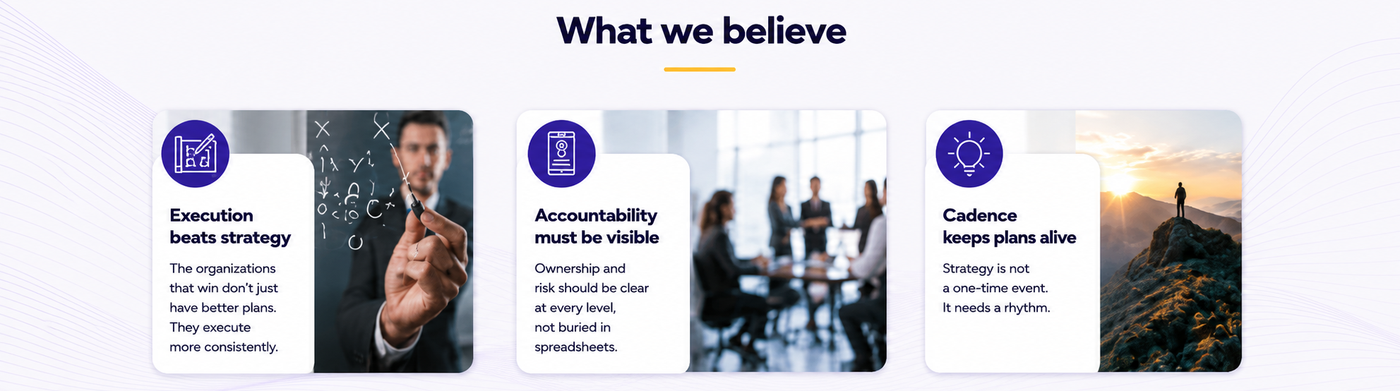 Infographic titled "What we believe" with three sections: "Execution beats strategy" showing a man writing formulas, "Accountability must be visible" showing a team meeting, and "Cadence keeps plans alive" showing a person standing on a mountain during sunset.