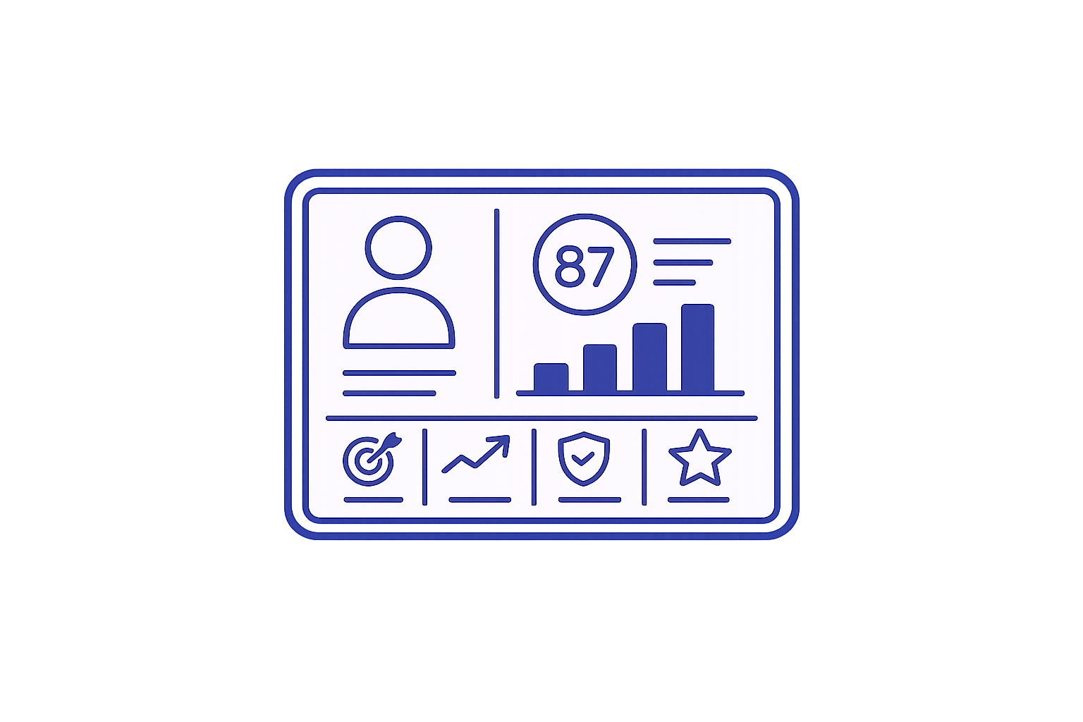 Digital cartoon profile badge with user icon, the number 87, bar graph, target icon, upward trend line, shield icon, and star icon.