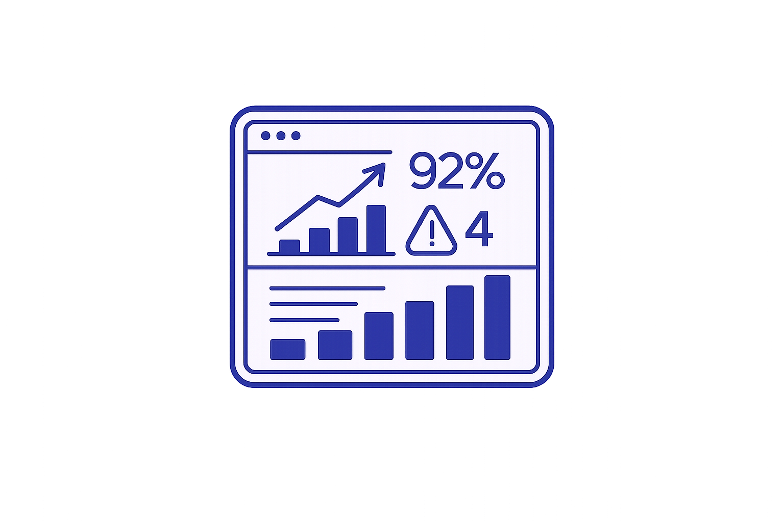 Digital dashboard showing upward trending bar and line graphs, 92% figure, a warning exclamation mark with the number 4, and placeholder text.