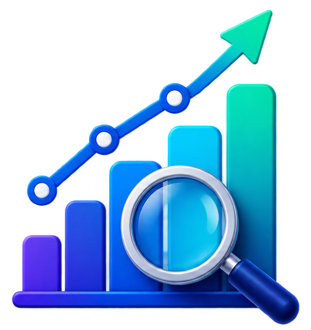 Colorful bar graph with an upward trending arrow and magnifying glass, representing growth and analysis.
